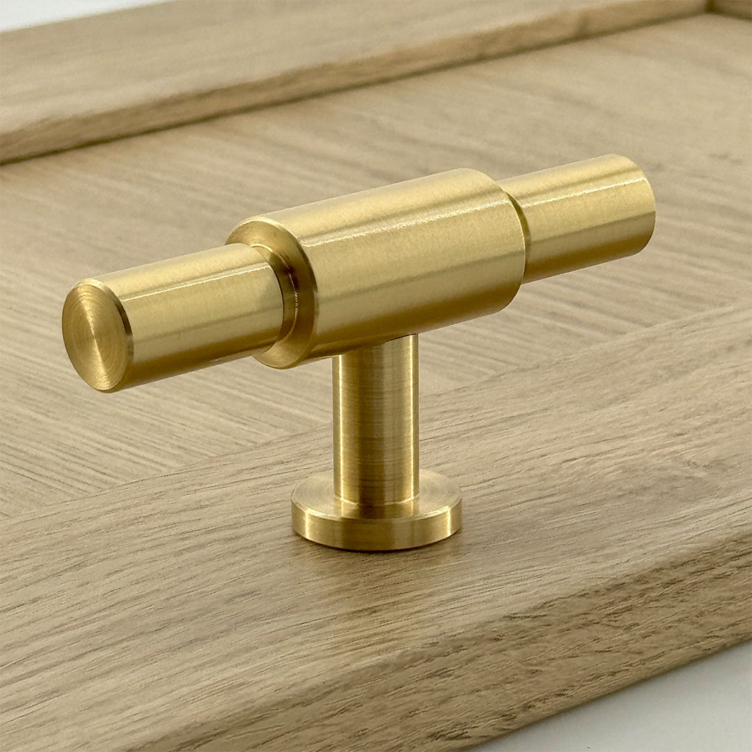Eastcott Double T-Bar — solid brass T-bar pull handle, hand-finished in Tonbridge, Kent. Shown in Satin Brass.