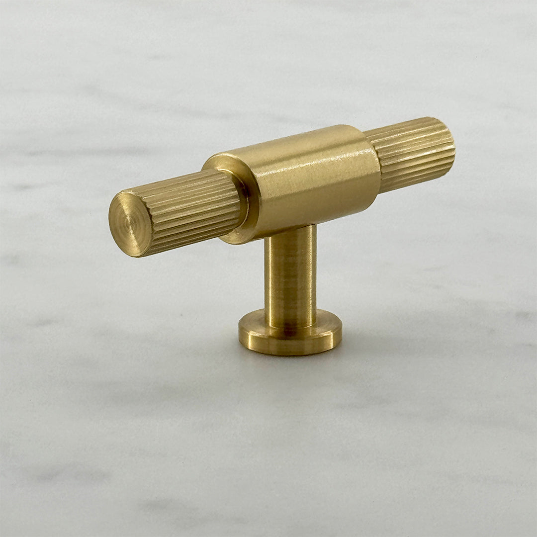 Callington Double T-Bar — solid brass T-bar pull handle, hand-finished in Tonbridge, Kent. Shown in Satin Brass.