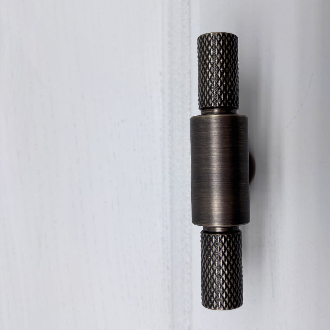Cranbrook Double T-Bar — solid brass T-bar pull handle, hand-finished in Tonbridge, Kent. Shown in Satin Brass.