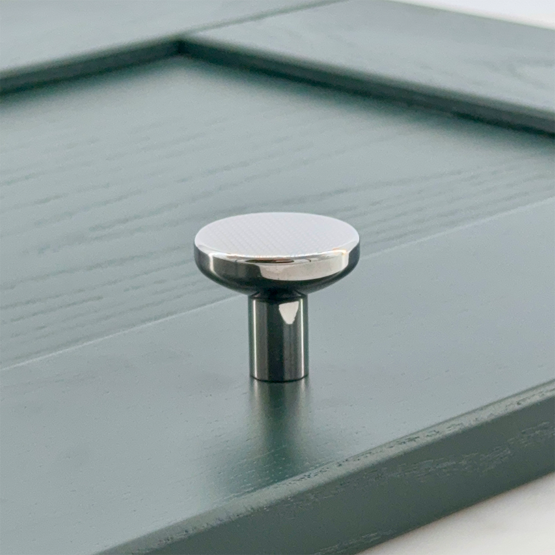 Bonnington Button Knob — solid brass button-shape knob, hand-finished in Tonbridge, Kent. Shown in Satin Brass.