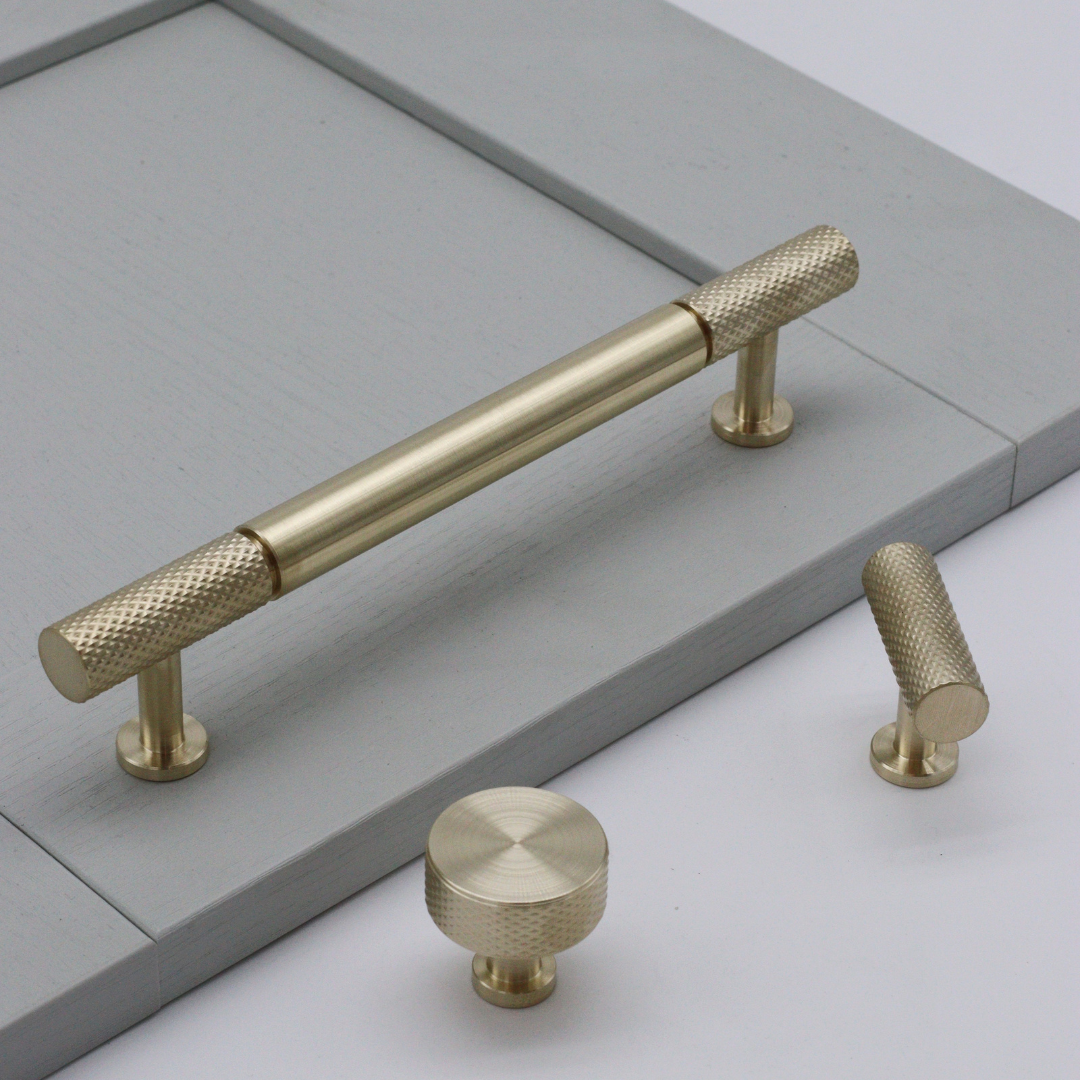 clemo + finch cranbrook collection in lacquered satin brass. knurled kitchen cabinetry hardware