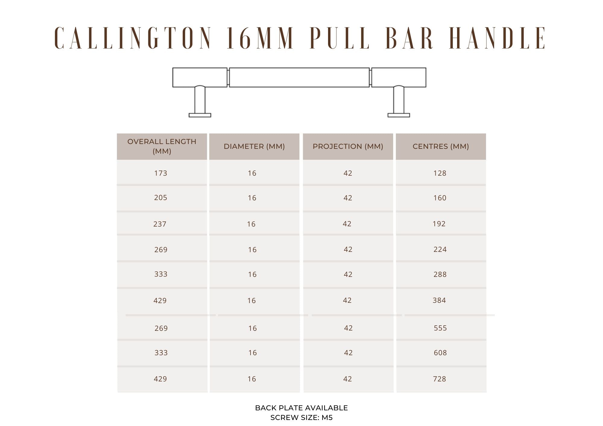 Callington 16mm Pull Bar Handle