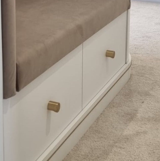 dressing room bespoke velvet seat with satin brass pull knobs on seated cabinetry