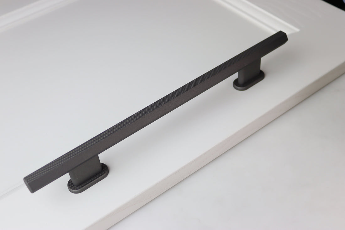 300mm hex pull bar handle in ceramic tungsten on white cabinetry