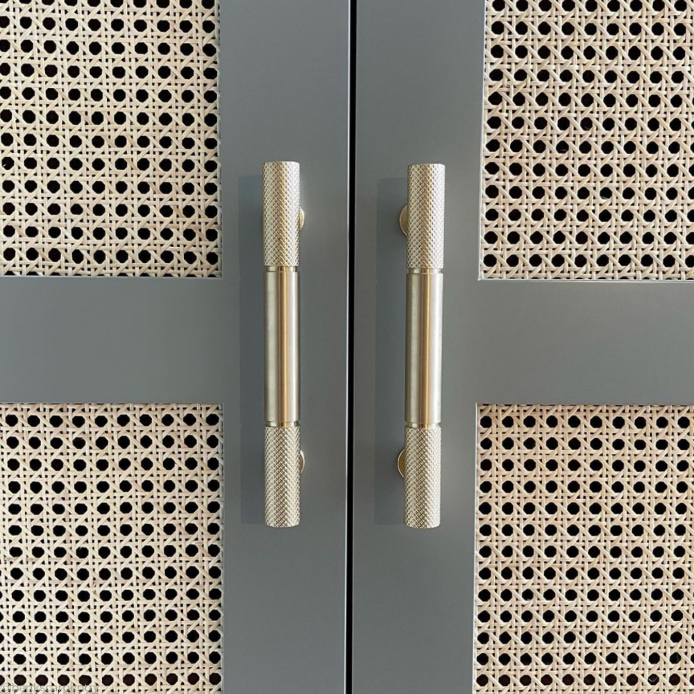 solid brass satin brass finish knurled cabinetry pull handle on modern blue shaker cabinetry with cane webbing accent. Gary Banks Carpentry essex