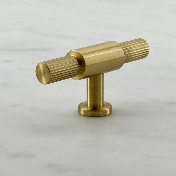 Callington Double T-Bar — solid brass T-bar pull handle, hand-finished in Tonbridge, Kent. Shown in Satin Brass.