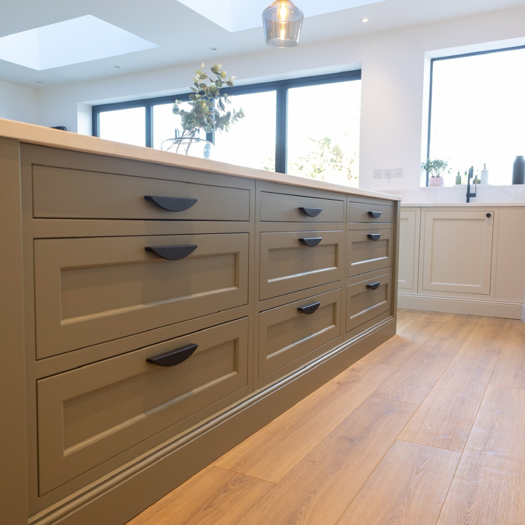 f&amp;L kitchens based in cuffley designed modern grey shaker kitchen with ceramic tungsten crescent half moon pull cabinetry handles