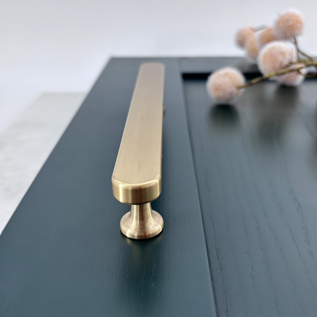 Addington Pull Bar — solid brass cylindrical pull bar handle, hand-finished in Tonbridge, Kent. Shown in Satin Brass.