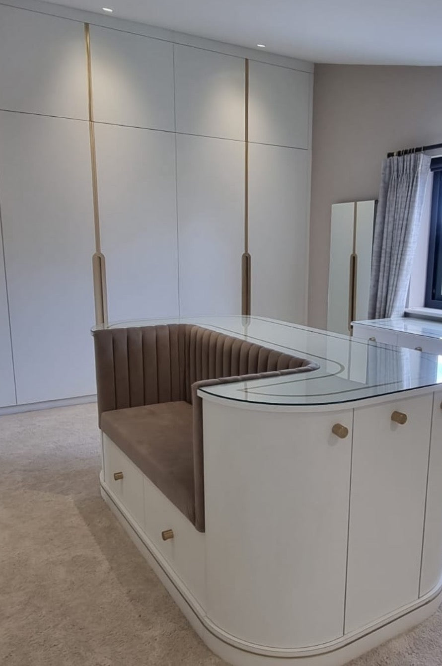walk in dressing room with brass in lay handles, satin brass pull handles for wardrobe and drawers