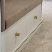 dressing room bespoke velvet seat with satin brass pull knobs on seated cabinetry 