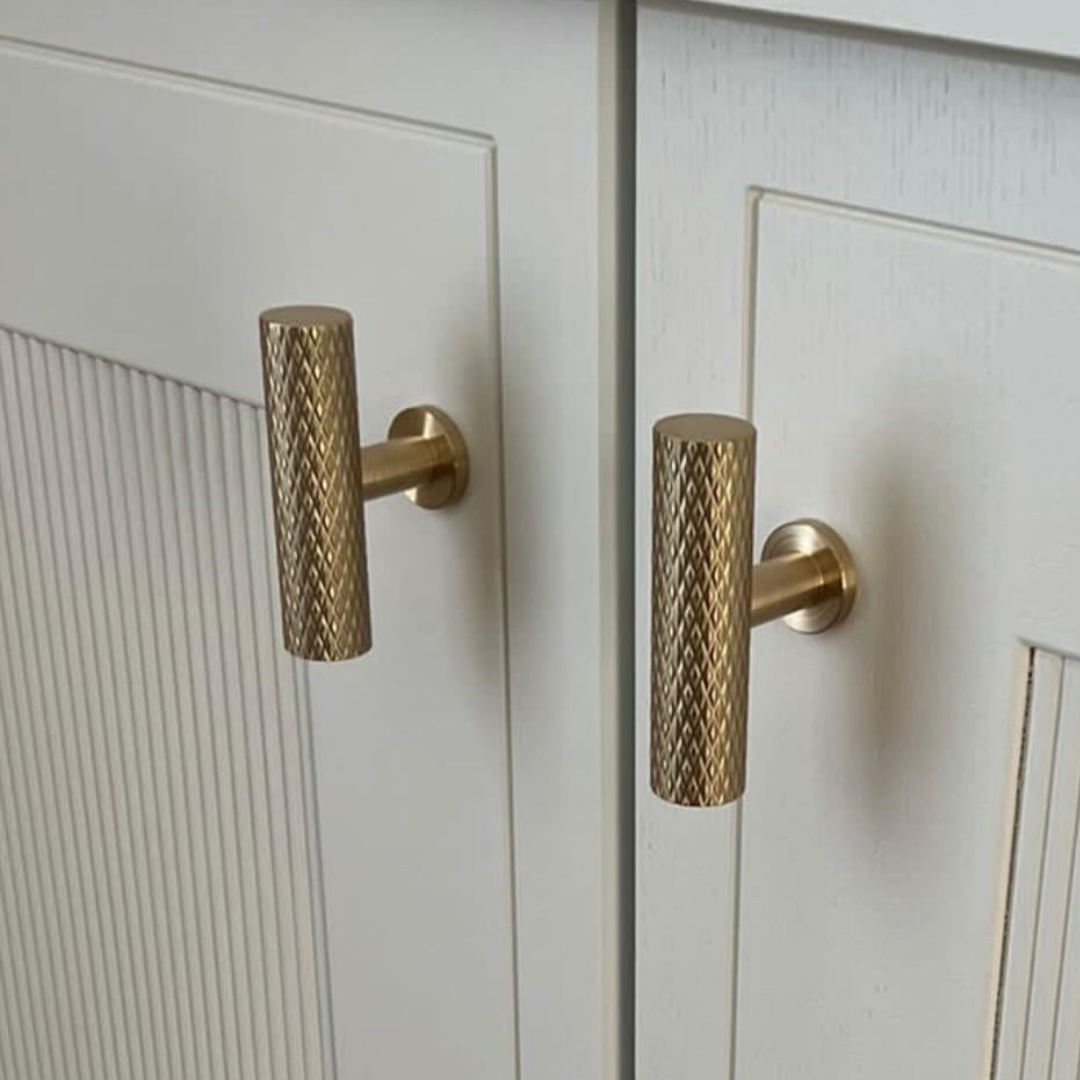 inner city carpentry - solid satin brass knurl t-bar for kitchen cabinetry.  t-bar pull handle 