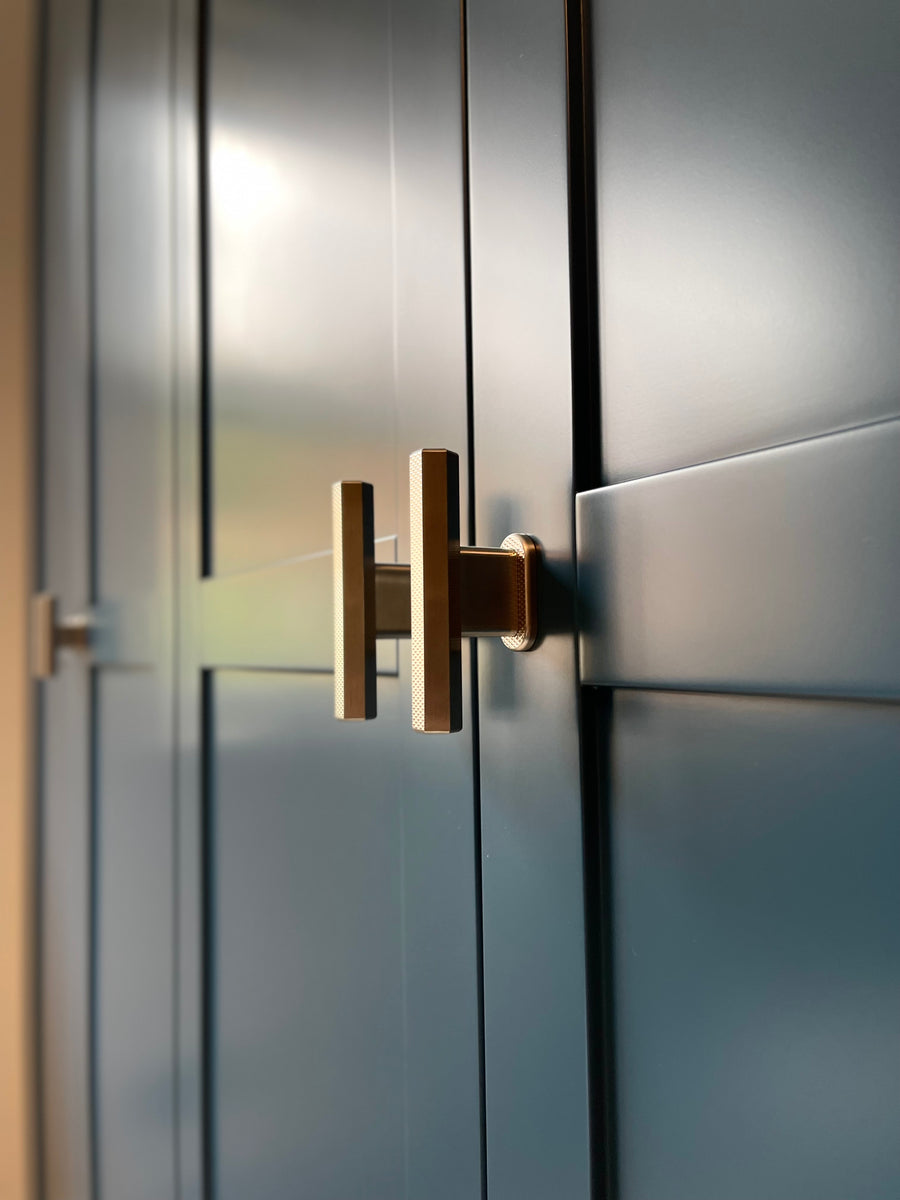 Sennen Hex T-Bar Pull Handle — solid brass T-bar pull handle, hand-finished in Tonbridge, Kent. Shown in Satin Brass.