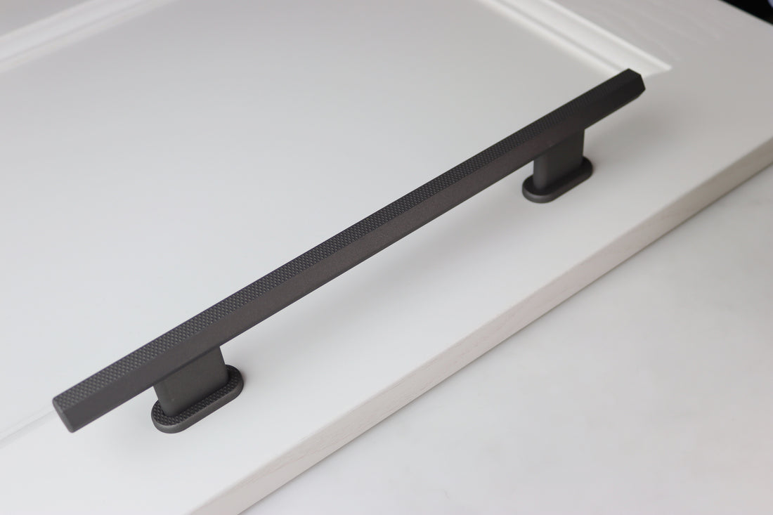 300mm hex pull bar handle in ceramic tungsten on white cabinetry 