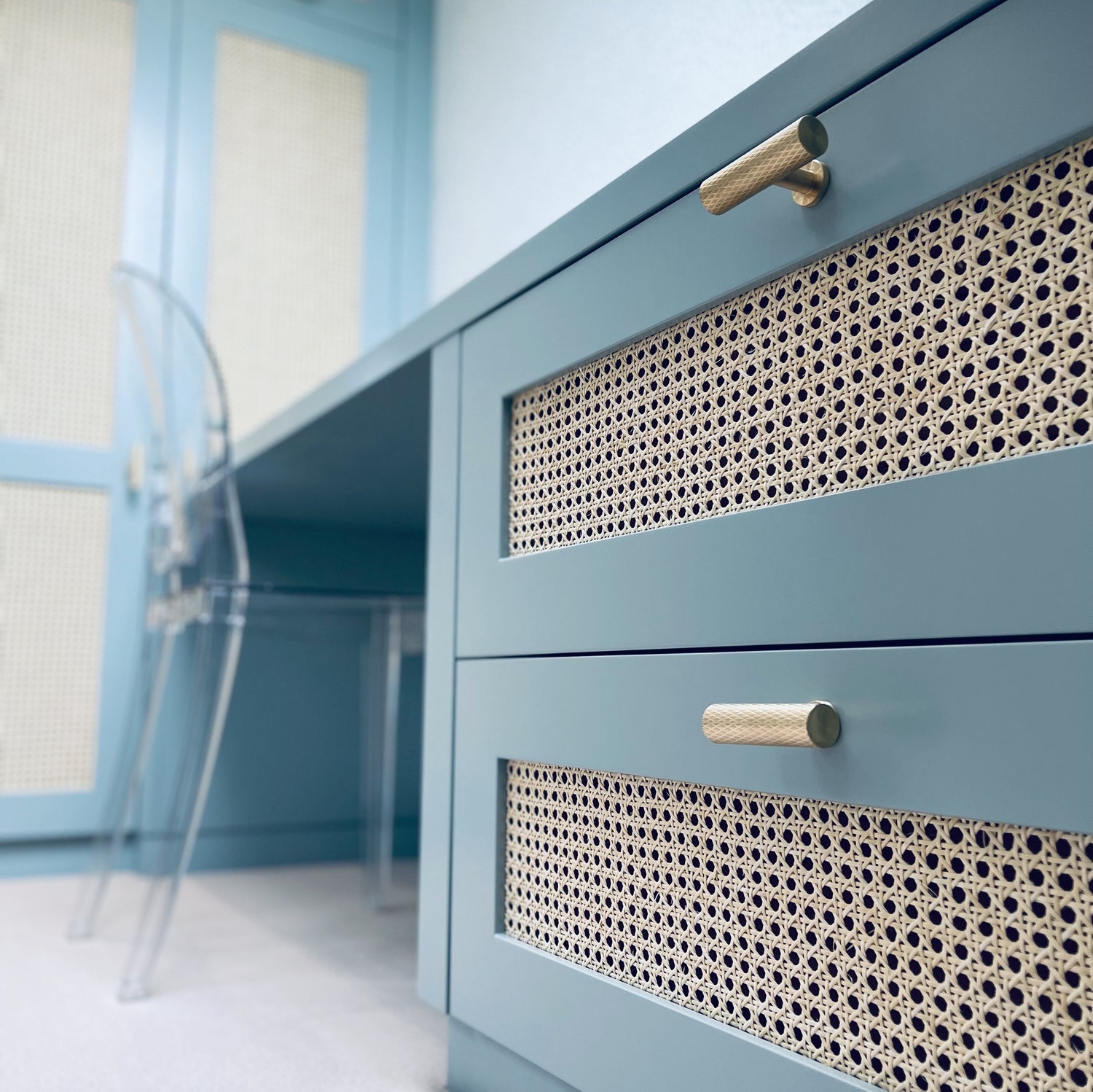 Gary banks carpentry UK - solid brass knurled t bar handles blue French cane rattan cabinetry 