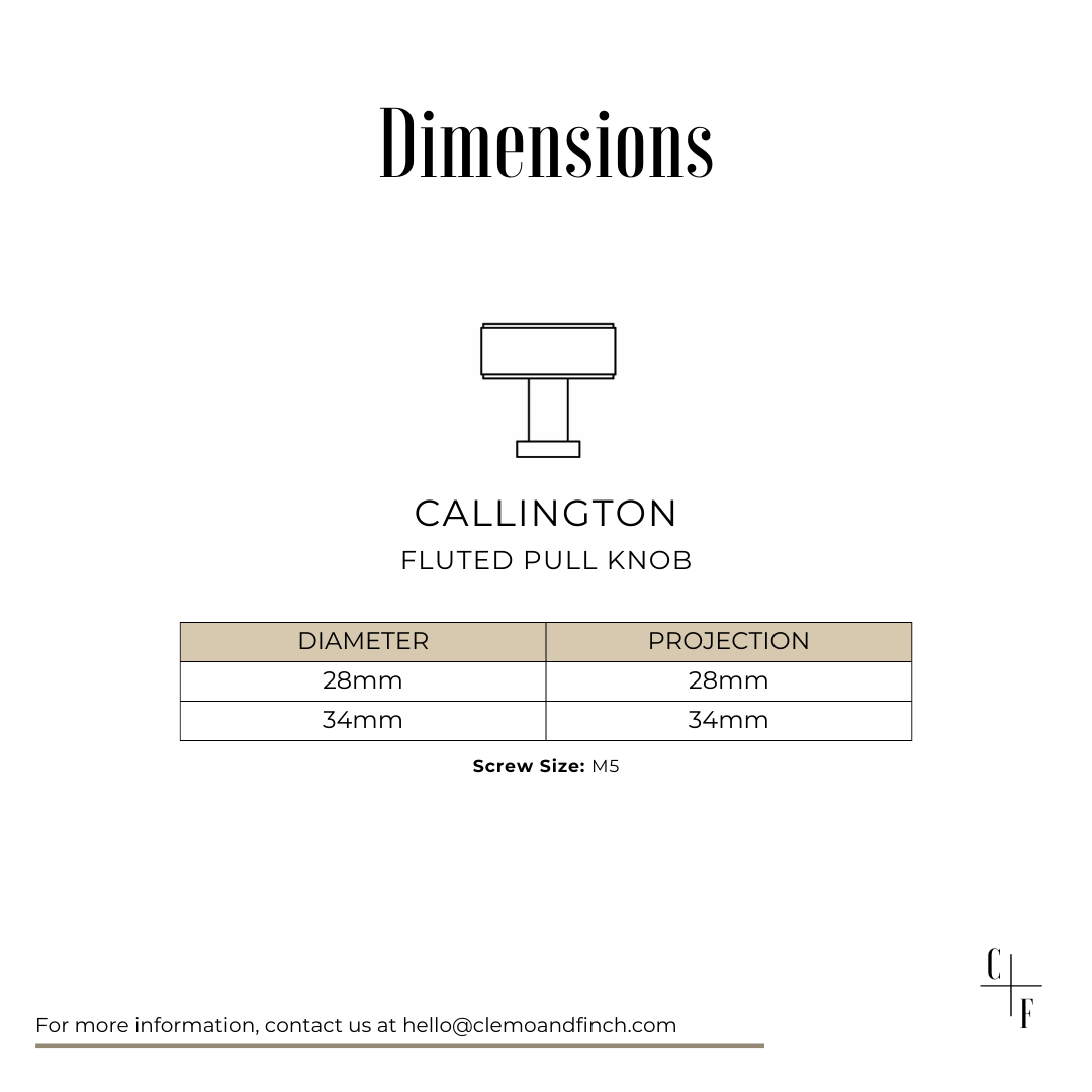 callington fluted pull knob in solid brass for kitchen and bedroom cabinetry and wardrobes