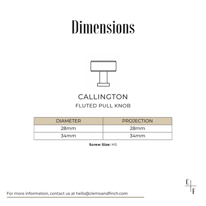 callington fluted pull knob in solid brass for kitchen and bedroom cabinetry and wardrobes