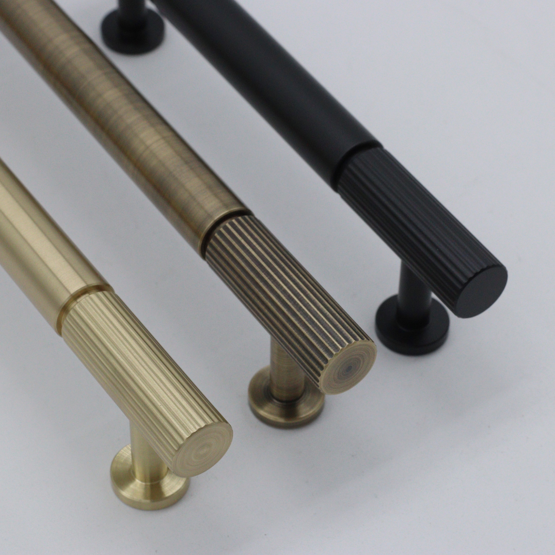 cnc machined solid brass cabinetry handles - Callington pull bars available in multiple finishes such as timeless satin brass, antique bronze and classic ceramic Cerakote black
