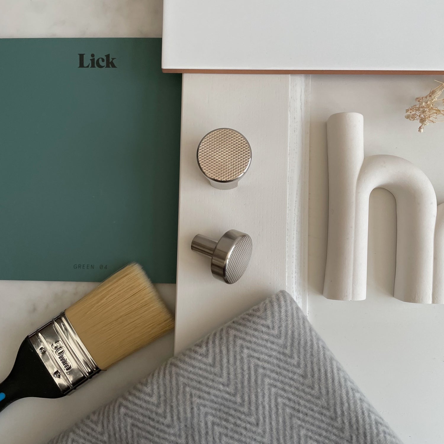 bude pull knob in satin nickel with adrestiasrevolt.co.uk and lick paint samples. interior design flat lay mood board for design projects in kent