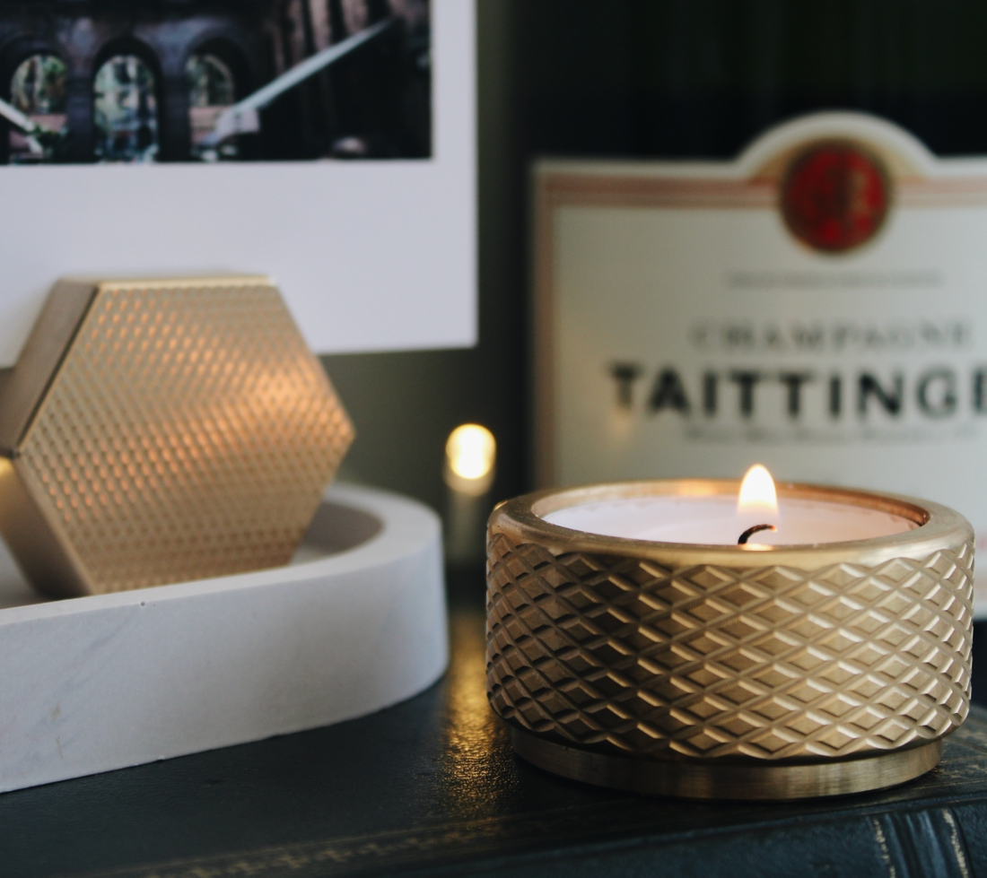 Luxury Gift Set - Knurled Candle Holder &amp; Photo Block in Satin Brass